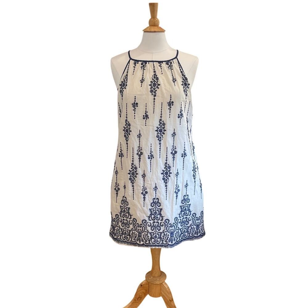 Just Taylor Sleeveless Navy, White Embroidered Dress, Boho, Coquette, 10